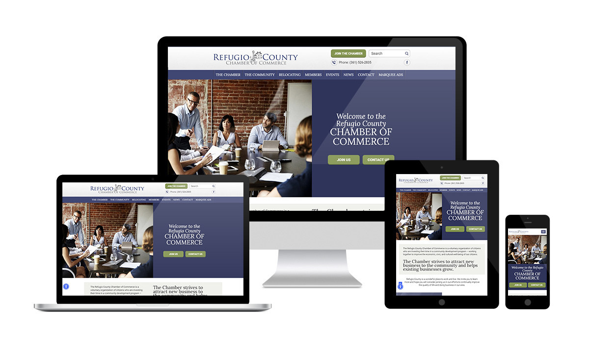 The Refugio County Chamber of Commerce website shown on a laptop, desktop, tablet and phone
